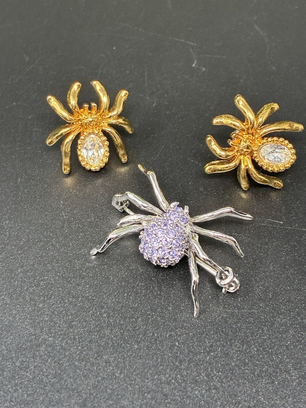 Avon Gold Tone Rhinestone Spider Earrings Plus Silver And Purple Spider Brooch